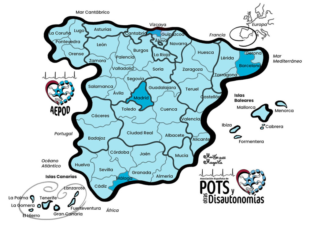 Mapa de España dibujado a mano por Montse, en color azul claro, que incluye las islas Baleares y las islas Canaria, y arriba una miniatura de Europa señalando dónde está España. Están dibujadas todas las Comunidades Autónomas y las provincias con sus nombres. Destaca en color azul más oscuro las 4 provincias donde hay unidades de disautonomía, que son Vizcaya, Barcelona, Madrid, y Málaga. El logo de AEPOD está incrustado.