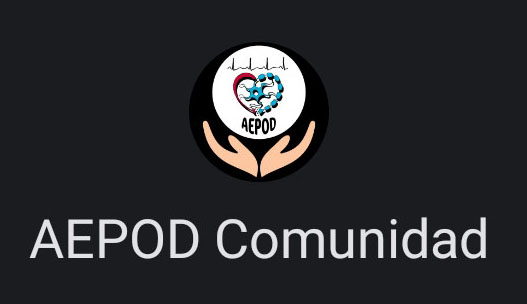 Imagen en fondo negro donde se lee el texto “AEPOD Comunidad”. Un círculo con el logo de AEPOD y un dibujo de dos manos abiertas sujetándolo.